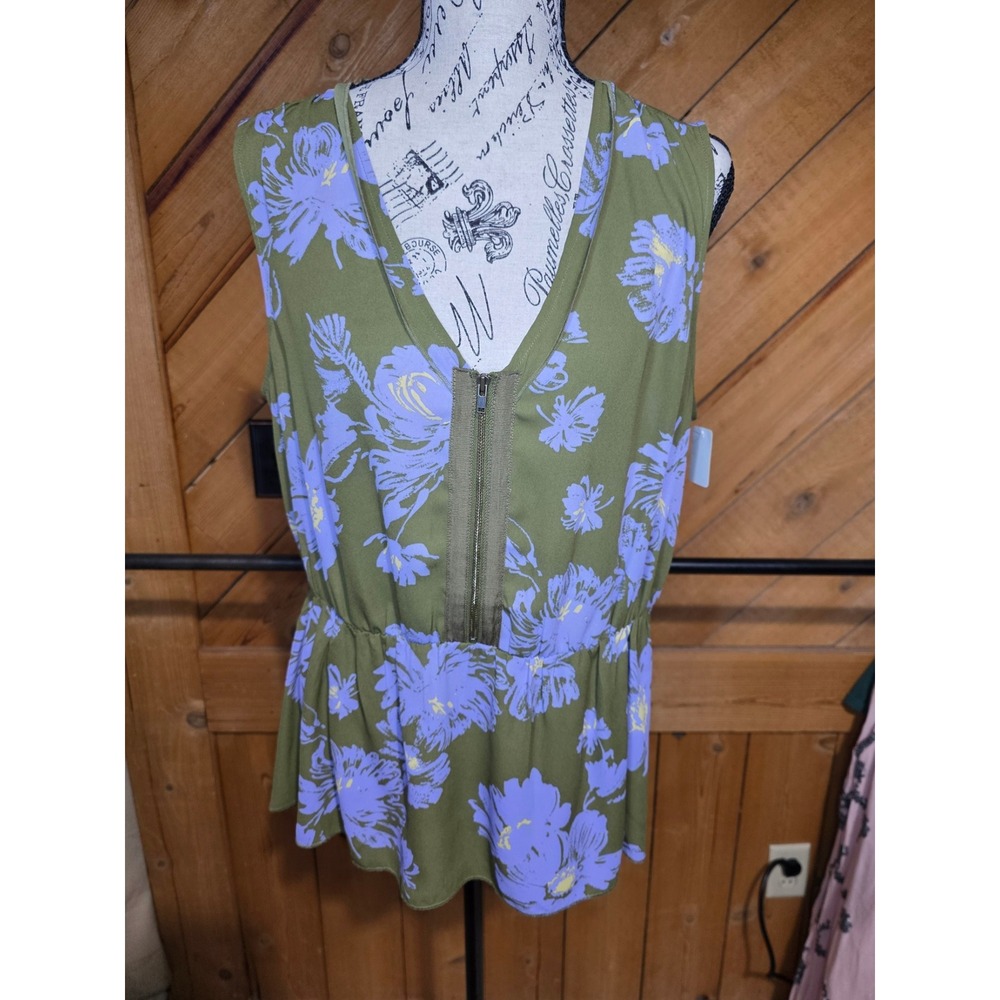 CAbi Olive Green Purple Floral Peplum Blouse Sleeveless ZIP Top Womens Large